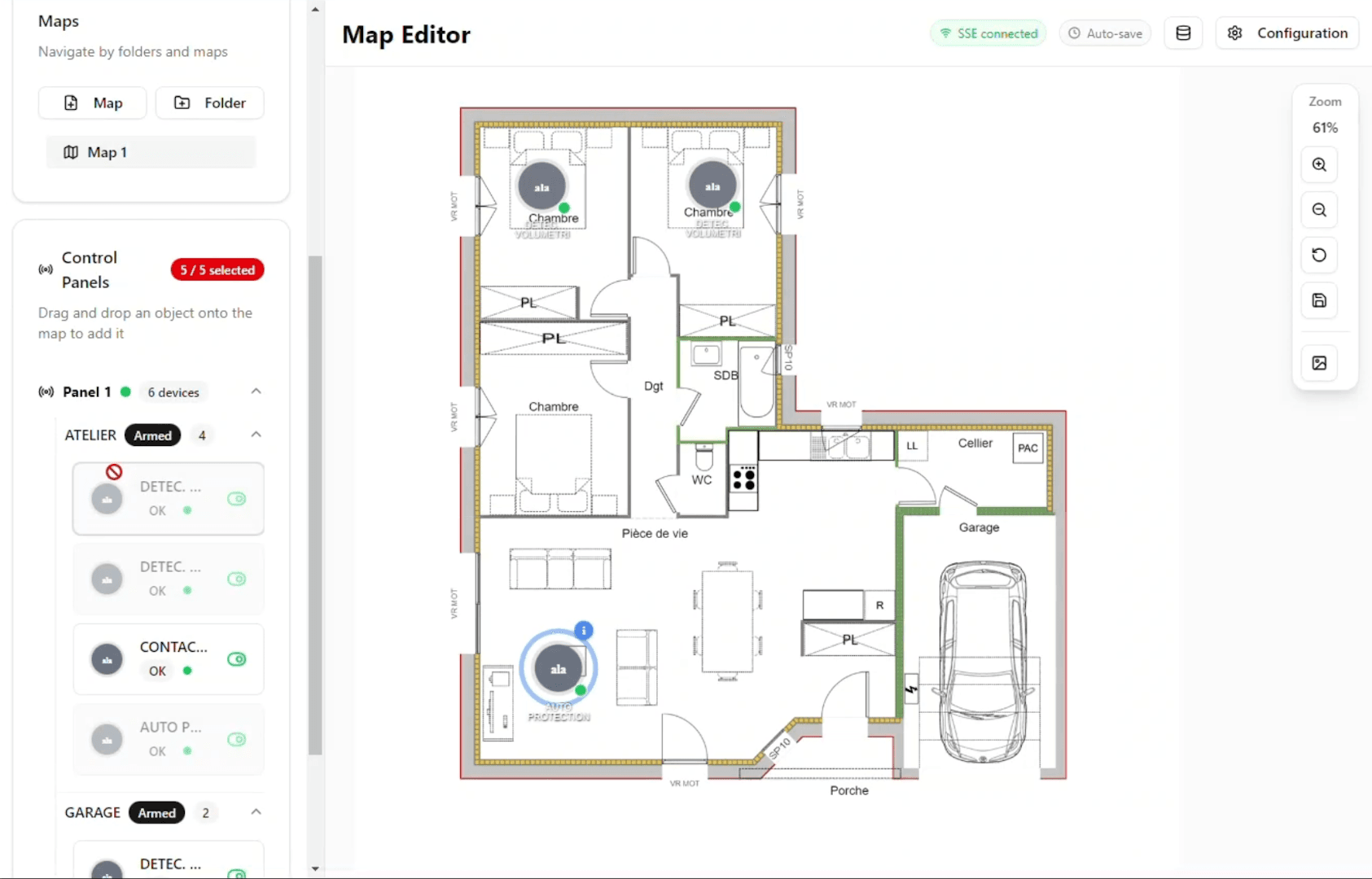 nGate live floor plan showing Acre SPC zone states — normal, alarmed, and bypassed zones overlaid on a building floor plan inside the Nx Desktop Web Page layout item